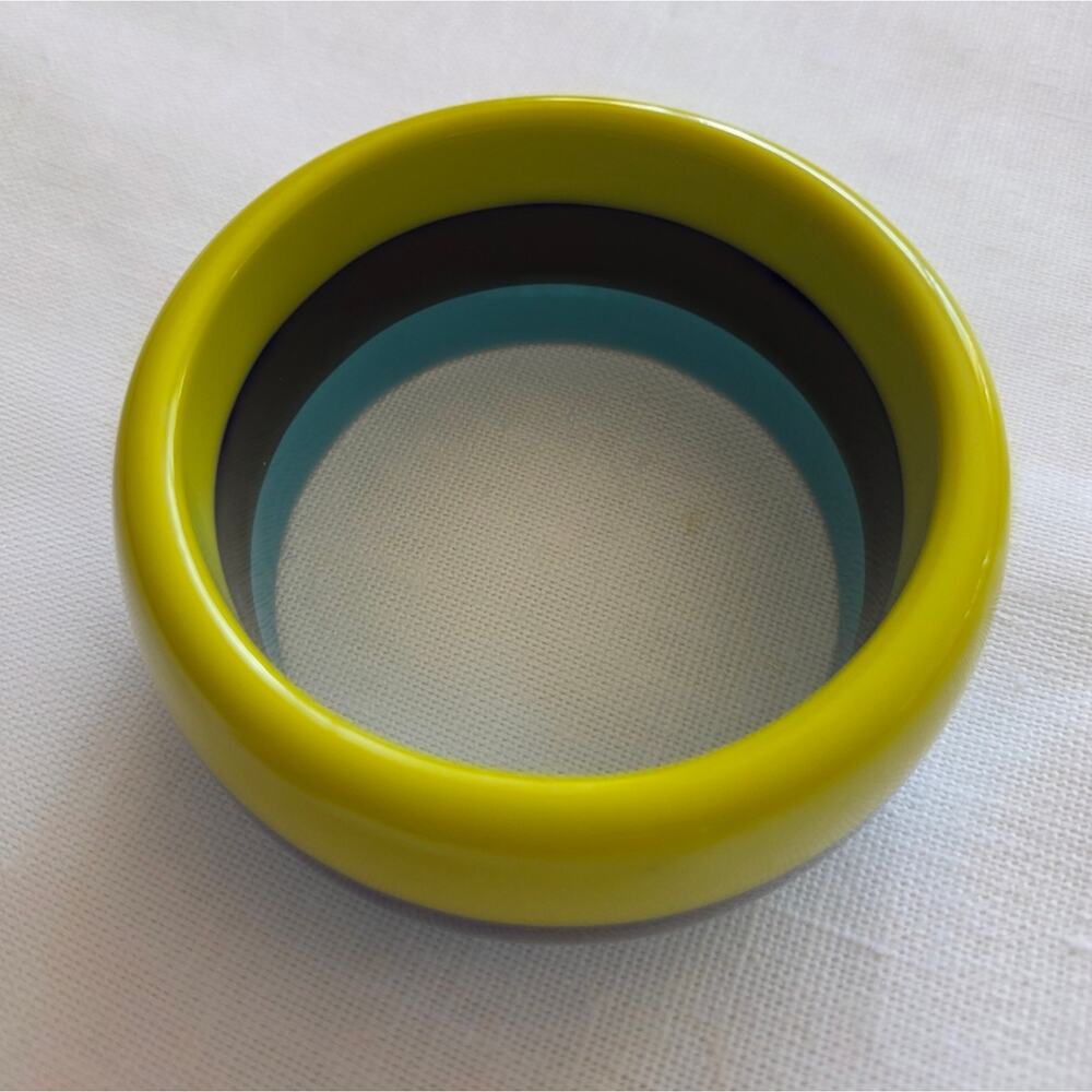 Vintage 3-tone Stripe Lime Brown Turquoise Domed Thick Bangle Bracelet Groovy